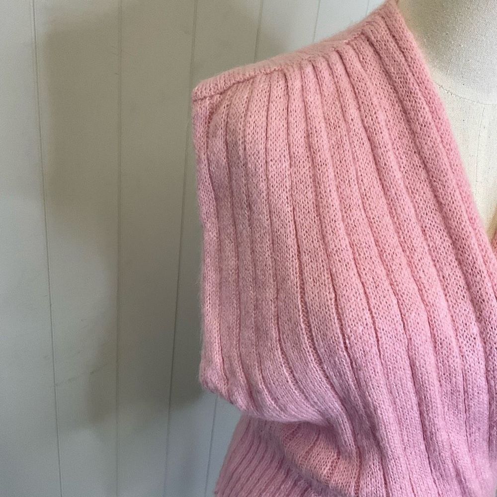 Pink Ribbed Wrap-Front Crew Sweater - Picture 4 of 9
